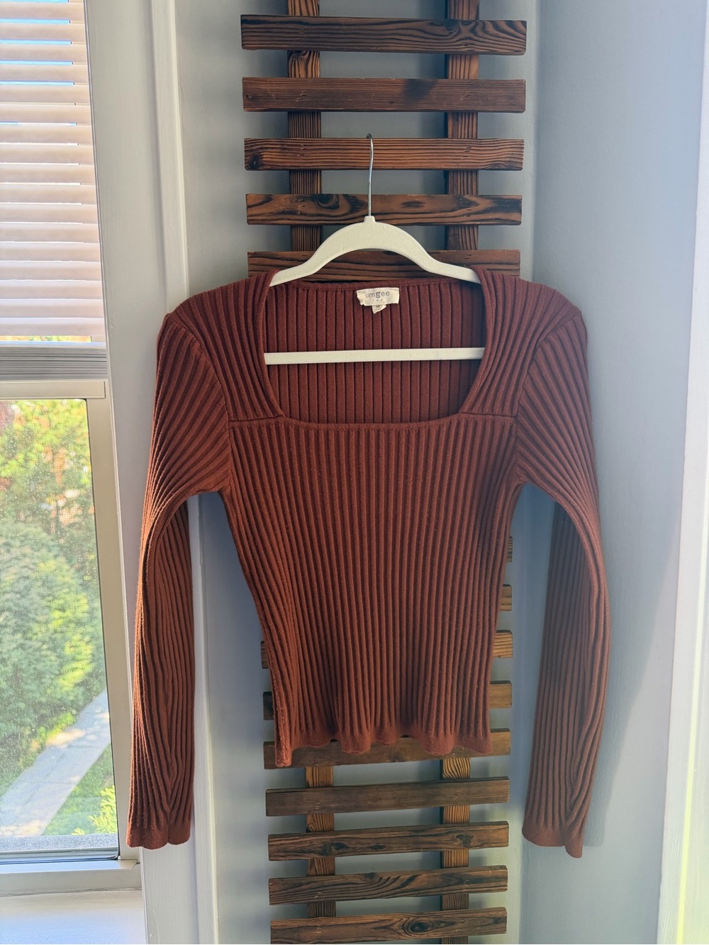 Umgee Ribbed Square-Neck Sweater in Rust Brown
